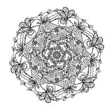 Malvorlage Schmetterlings-Mandala mit Gesichtern und Spiralen