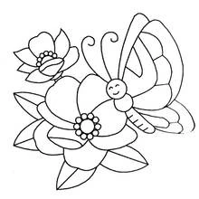 Malvorlage Lächelnder Schmetterling auf Blumen