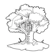 Malvorlage Baum mit einer Hütte zwischen den Ästen