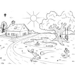 Malvorlage Sonniger Tag auf dem Land mit spielenden Kindern