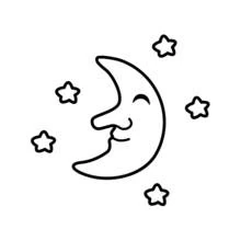 Malvorlage Lächelnder Mond umgeben von Sternen