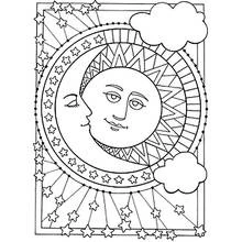 Malvorlage Mond und Sonne mit Gesichtern umgeben von Sternen