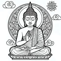Malvorlage Buddha sitzt meditierend mit mandalaförmigem Heiligenschein