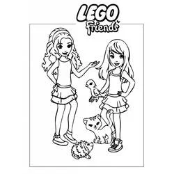 Malvorlage Lego Friends Mädchen mit Vogel, Katze und Igel