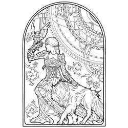 Malvorlage Kriegerin mit Wolf und Falke