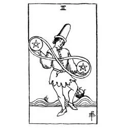 Malvorlage Tarotkarte der Zwei der Münzen beim Tanzen