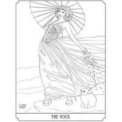 Malvorlage Der Narr Tarotkarte mit Sonnenschirm und Hase
