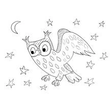 Malvorlage Eule fliegt unter Mond und Sternen
