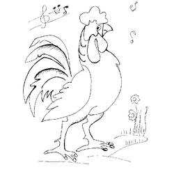 Malvorlage Hahn singt umgeben von Musiknoten