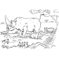 Malvorlage Nashorn Mutter und Baby von Hyänen umgeben