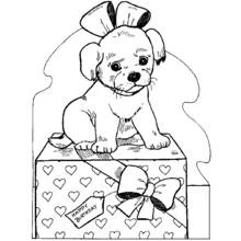 Malvorlage Welpe sitzt auf einer Geschenkbox