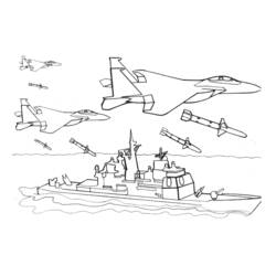 Malvorlage Kriegsschiff mit Kampfjets und Raketen