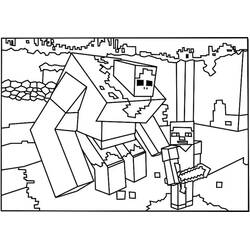 Malvorlage Minecraft-Golem und Dorfbewohner in blockiger Landschaft