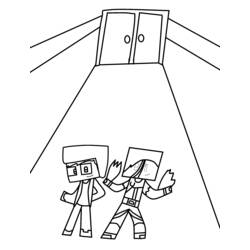 Malvorlage Minecraft Figuren laufen auf eine Doppeltür zu