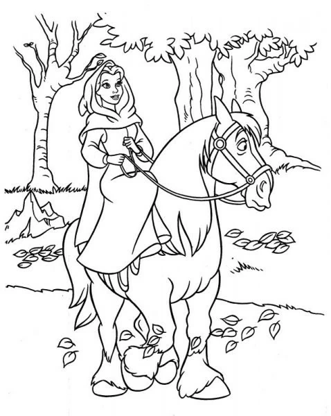 Malvorlage Belle reitet auf ihrem Pferd durch den Wald