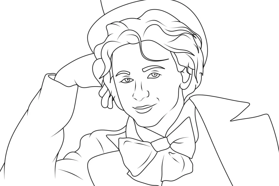 Malvorlage Willy Wonka lächelnd mit seinem Zylinder