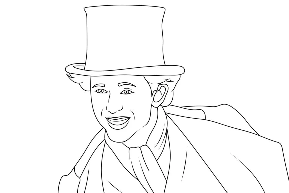 Malvorlage Willy Wonka lächelnd mit seinem Zylinder