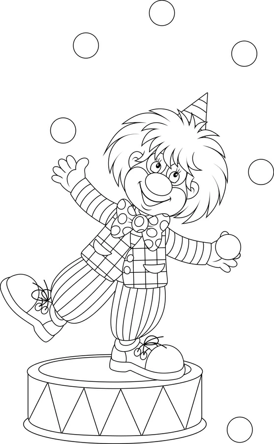 Malvorlage Jongleur-Clown balanciert auf einem Zirkuspodest