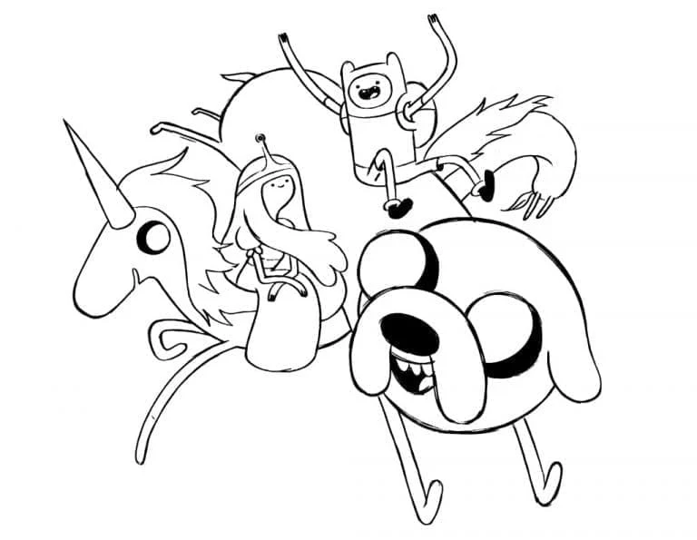 Malvorlage Finn, Jake und Prinzessin Bubblegum auf Lady Rainicorn