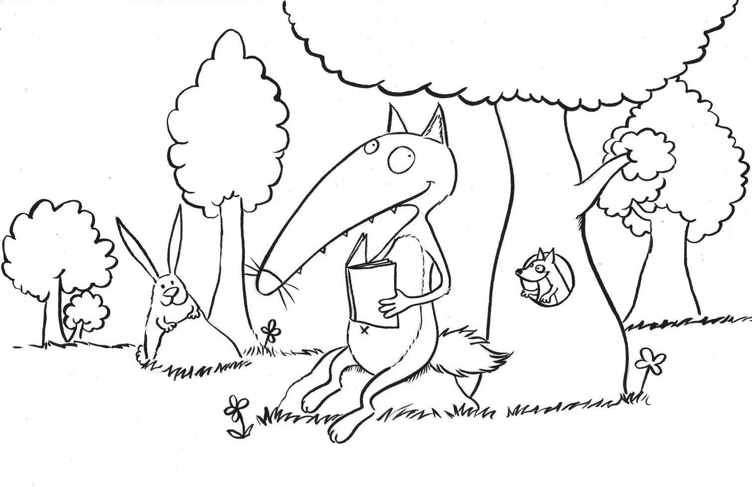 Malvorlage Auzou Wolf liest ein Buch im Wald
