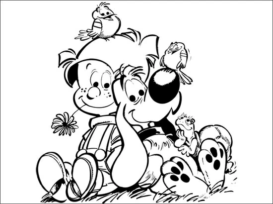 Malvorlage Billy und Buddy umgeben von Vögeln im Frühling