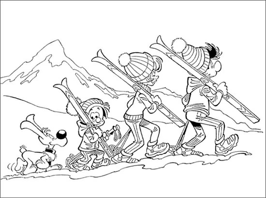 Malvorlage Billy und Buddy die Familie auf dem Weg zum Skifahren