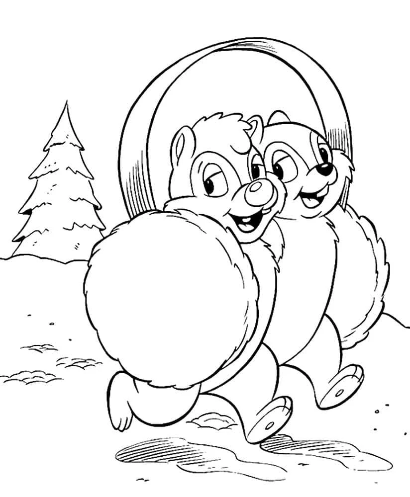 Malvorlage Chip und Dale tragen einen riesigen Schneeball