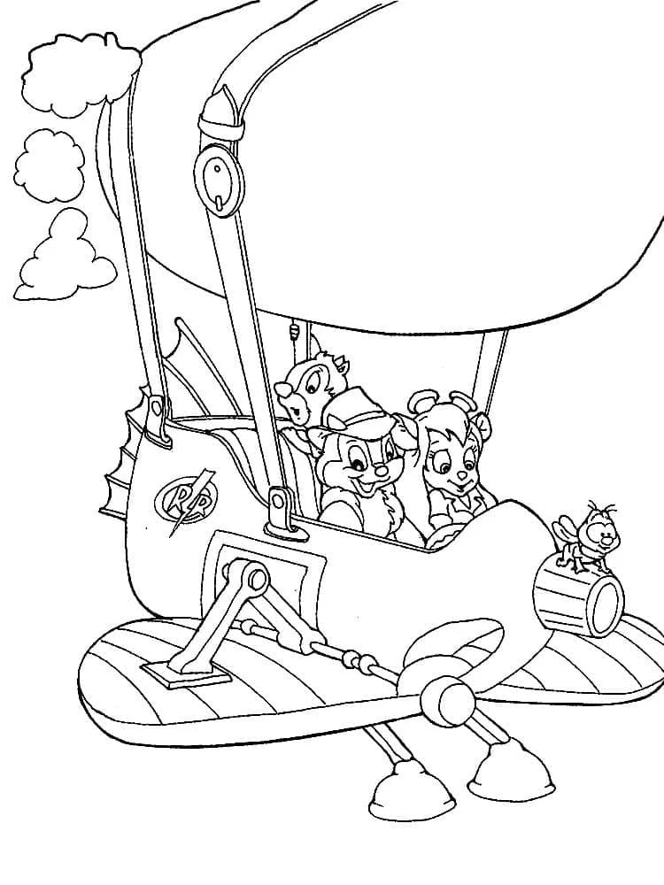 Malvorlage Chip und Dale in einem Heißluftballon-Flugzeug