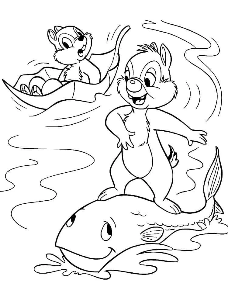 Malvorlage Chip und Dale gleiten auf einem großen Fisch