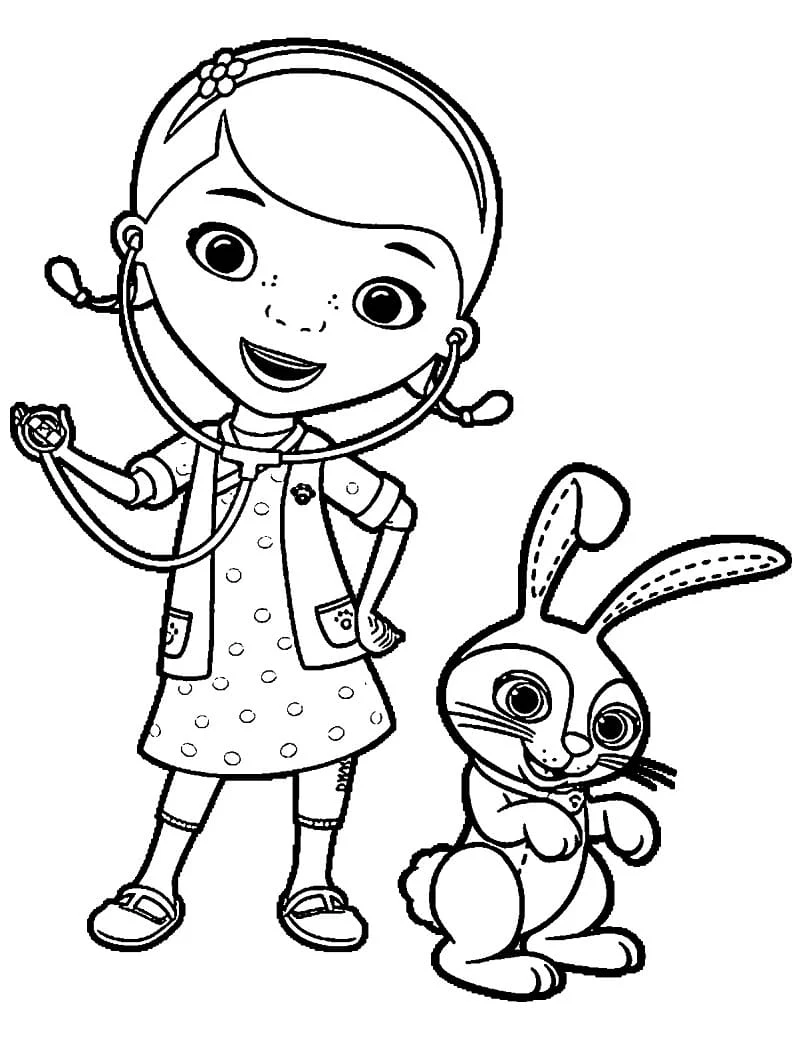 Malvorlage Doc McStuffins mit ihrem Stethoskop und dem Hasen