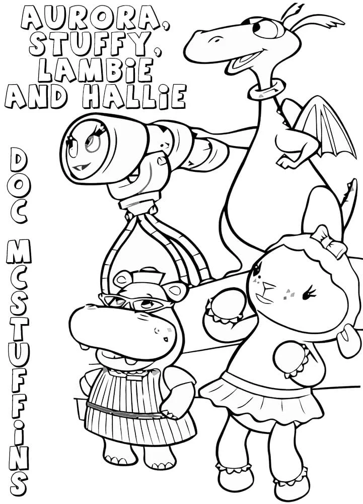 Malvorlage Doc McStuffins mit Aurora, Stuffy, Lambie und Hallie
