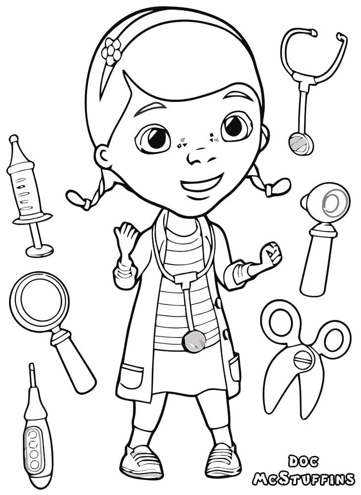 Malvorlage Doc McStuffins umgeben von medizinischen Werkzeugen
