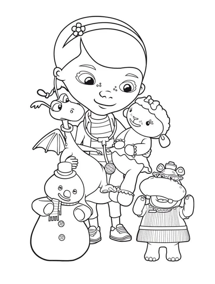 Malvorlage Doc McStuffins mit ihren Kuscheltier-Freunden