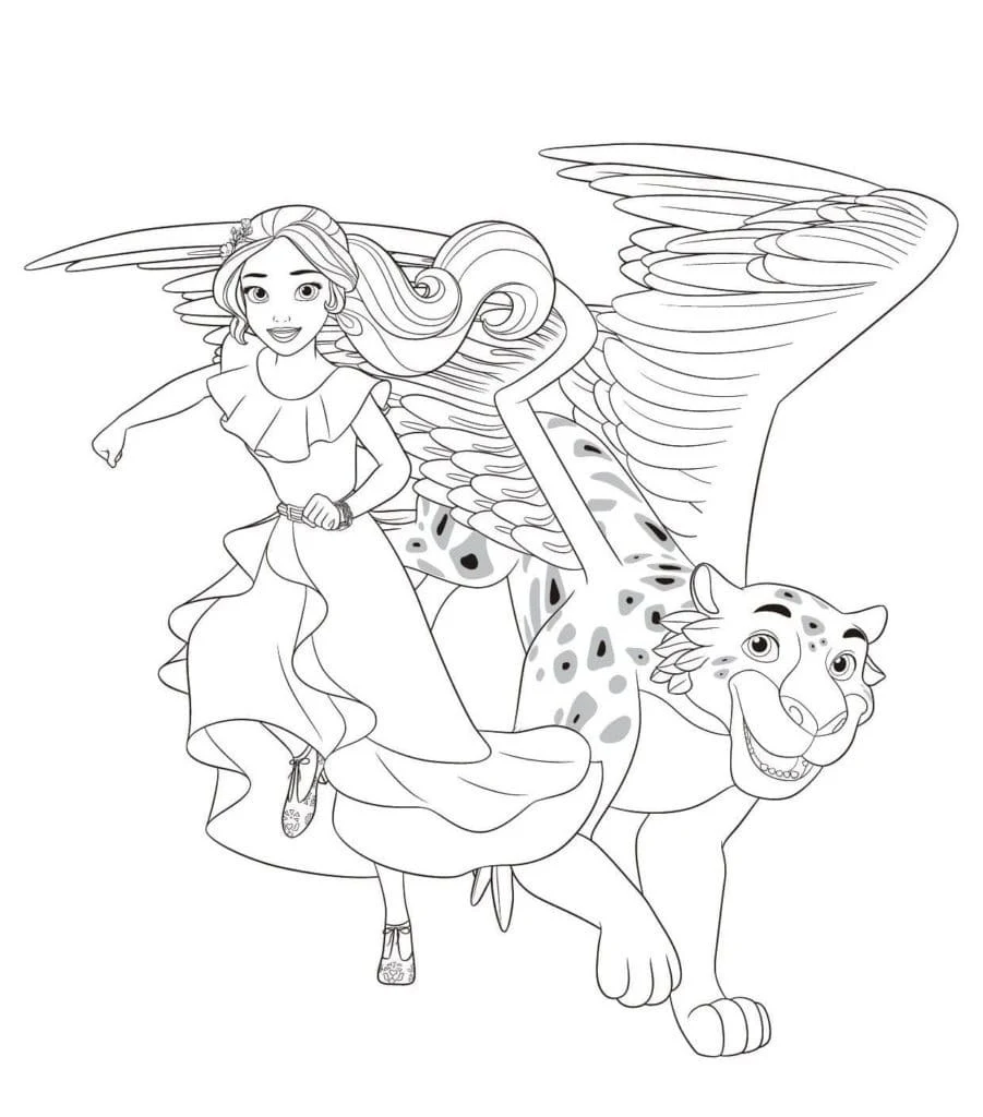 Malvorlage Elena von Avalor fliegt mit einem geflügelten Jaguar