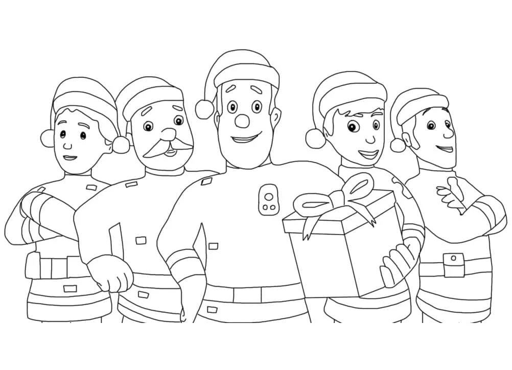Malvorlage Feuerwehrmann Sam und Freunde mit Weihnachtsmützen