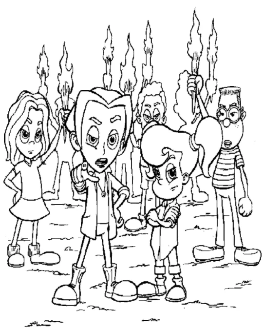 Malvorlage Jimmy Neutron und Freunde mit Fackeln