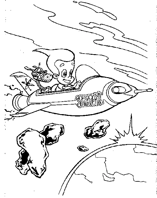 Malvorlage Jimmy Neutron fliegt mit seiner Rakete durchs Weltall