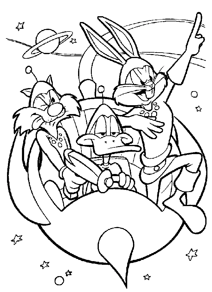 Malvorlage Bugs Bunny, Daffy Duck und Sylvester auf einer Weltraumreise