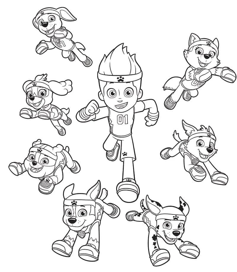 Malvorlage Paw Patrol Ryder und sein Welpenteam in Aktionsposen