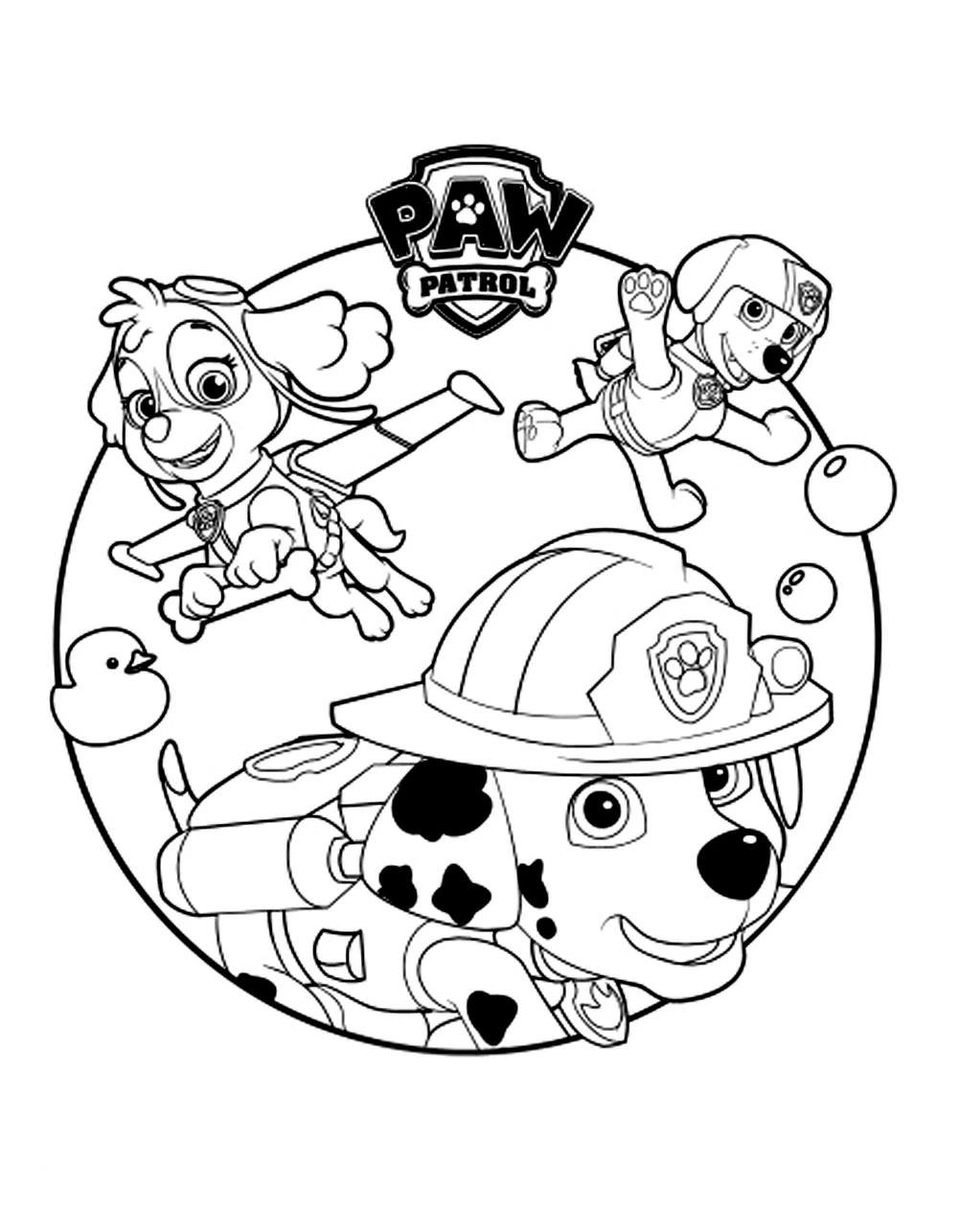 Malvorlage Paw Patrol: Skye, Zuma und Marshall in Aktion