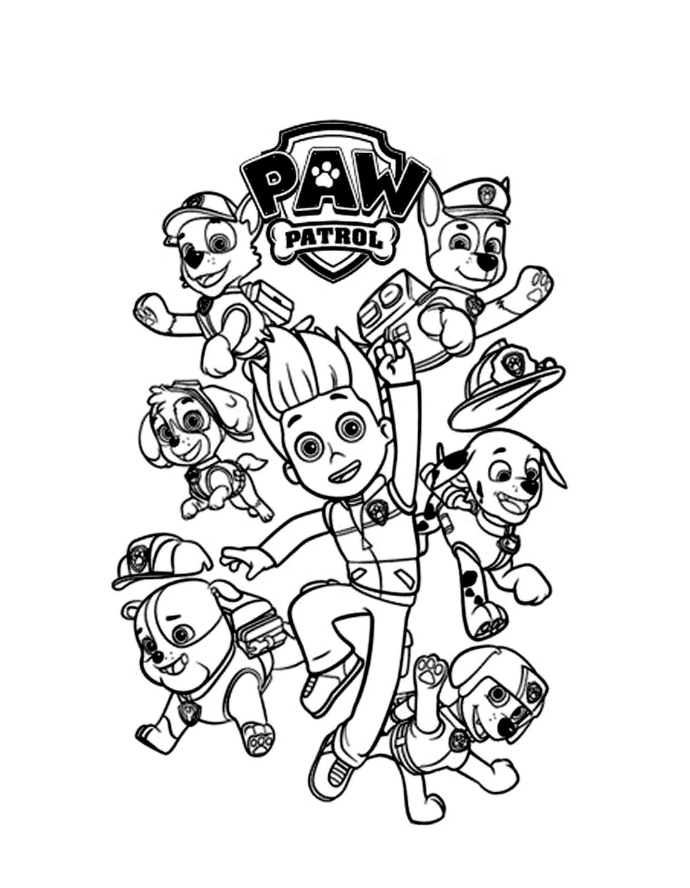 Malvorlage Paw Patrol mit Ryder und den Welpen
