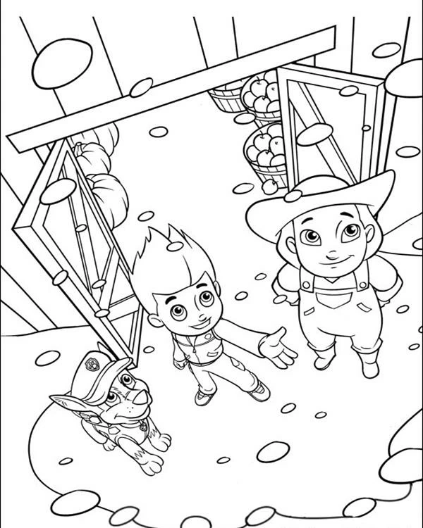 Malvorlage Paw Patrol Ryder und ein Bauernjunge in der Scheune