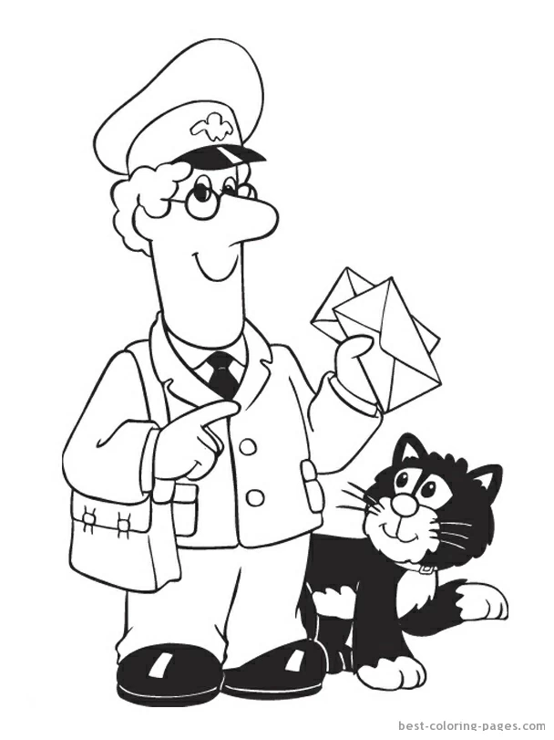 Malvorlage Postman Pat hält einen Brief neben seiner Katze