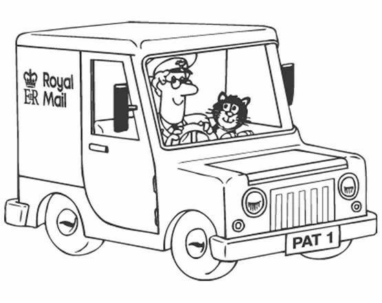 Malvorlage Postman Pat fährt seinen Lieferwagen mit der Katze