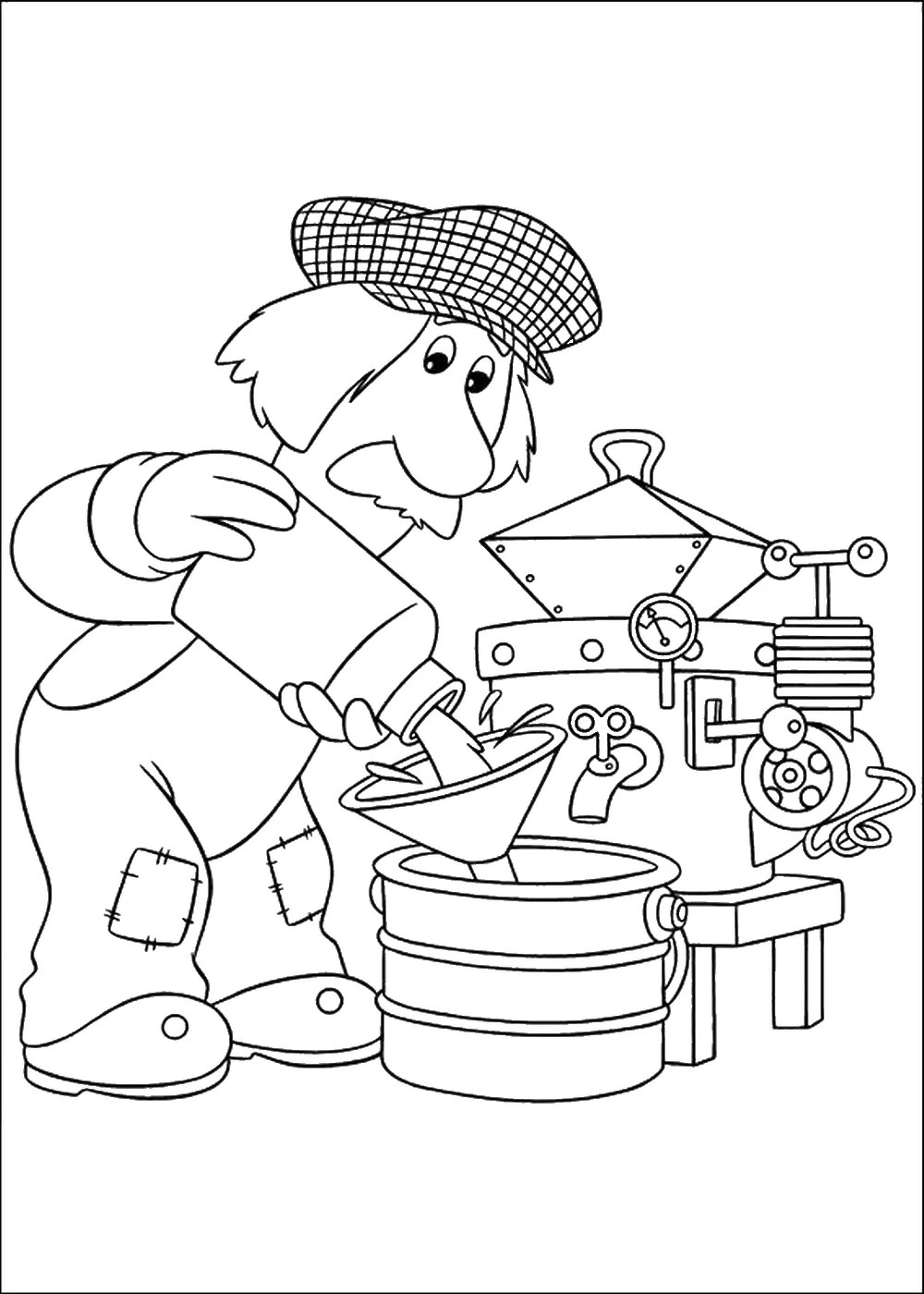 Malvorlage Postman Pat gießt Flüssigkeit in eine Maschine