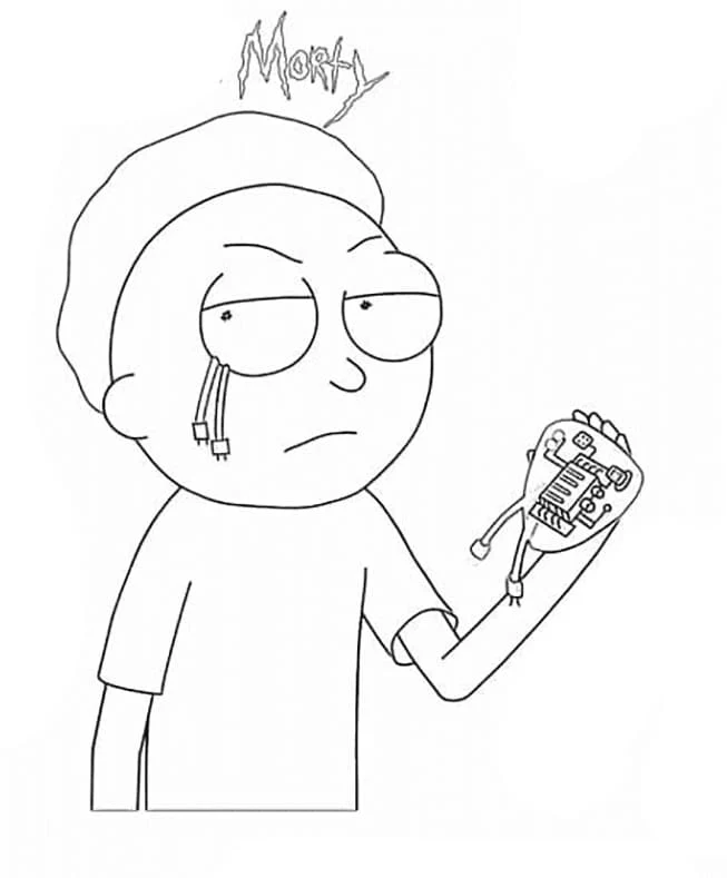 Malvorlage Morty Smith hält eine Roboterhand