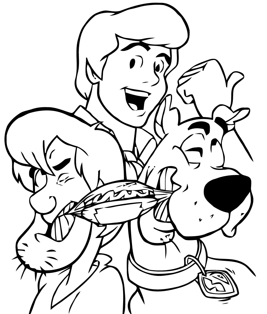 Malvorlage Scooby Doo, Shaggy und Fred teilen sich ein Sandwich