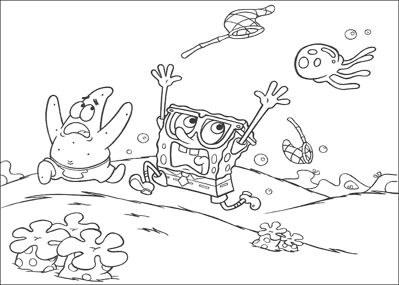 Malvorlage SpongeBob SquarePants und Patrick jagen Quallen