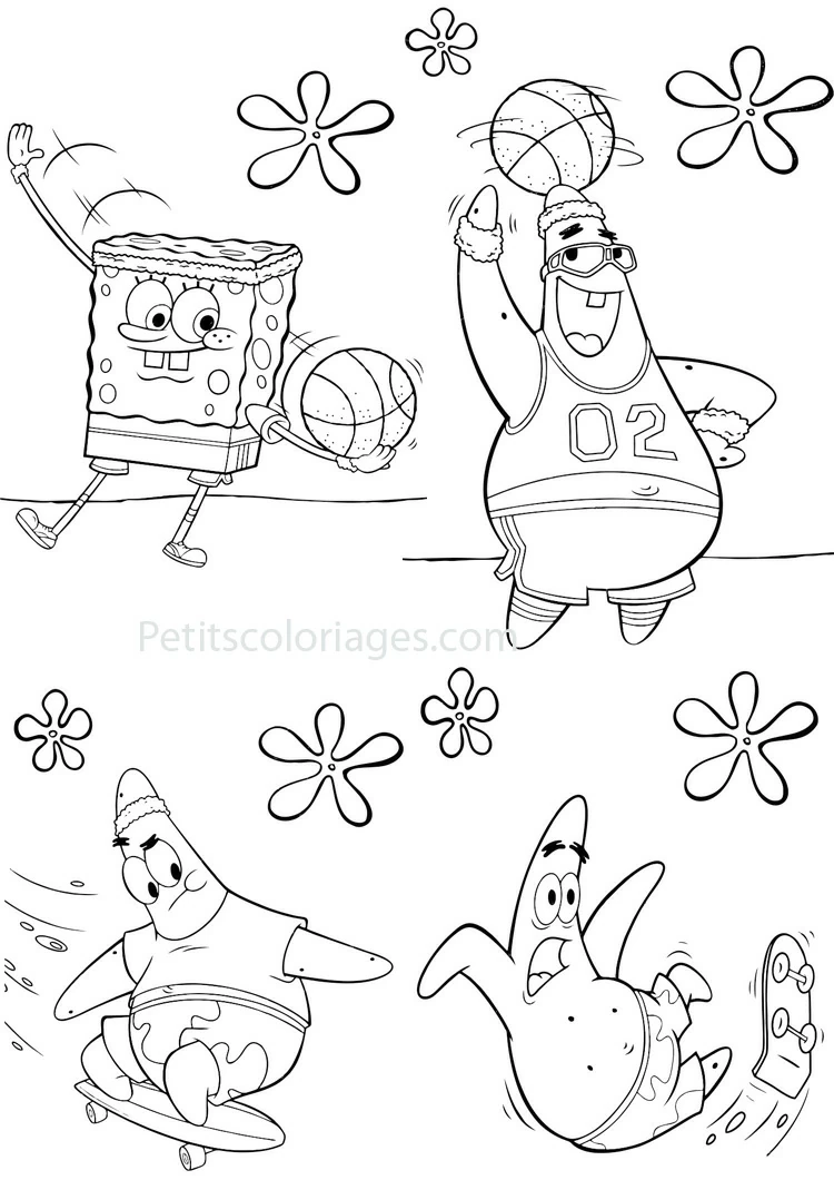 Malvorlage SpongeBob SquarePants und Patrick beim Basketball und Skateboarden