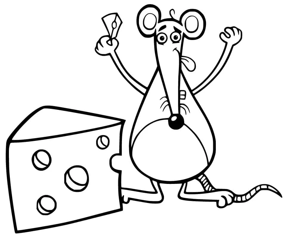 Malvorlage Ratte steht neben einem großen Stück Käse